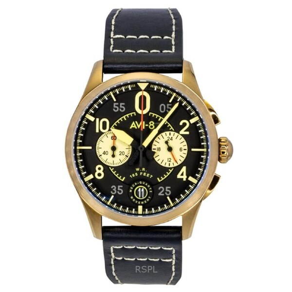 AVI-8 Spitfire Lock Chronograph Void Black Leather Strap Black Dial Quartz AV-4089-07 Men's Watch