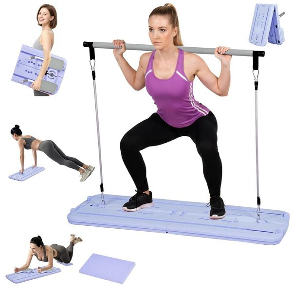 Advwin Foldable Pilates Reformer Board w/Back Storage, Elbow Support,Pilates Bar, Home Ab Trainer Machine Purple