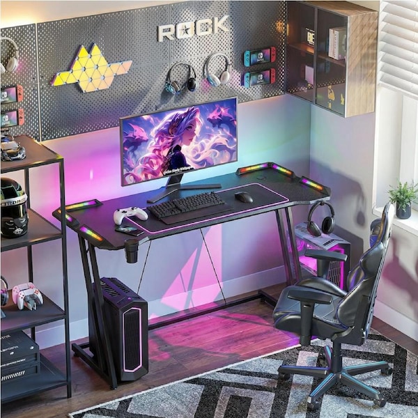 Advwin 140cm LED RGB Gaming Desk Carbon Fiber Surface Computer Desk with Cup Holder Headphone Hook, Ergonomic Gaming Table for Home Office Black