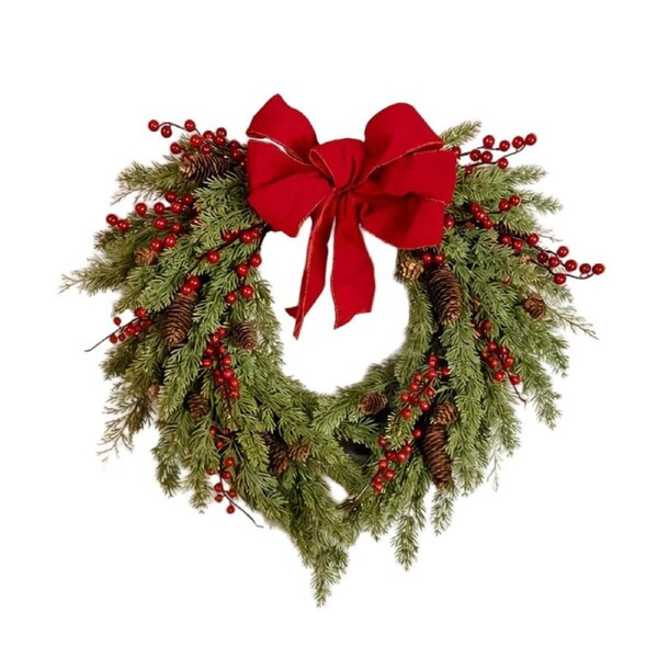 Pine Needle Red Berry Wreath with Heart Bow