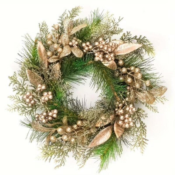 Classic Christmas Wreath Golden Leaves and Berries