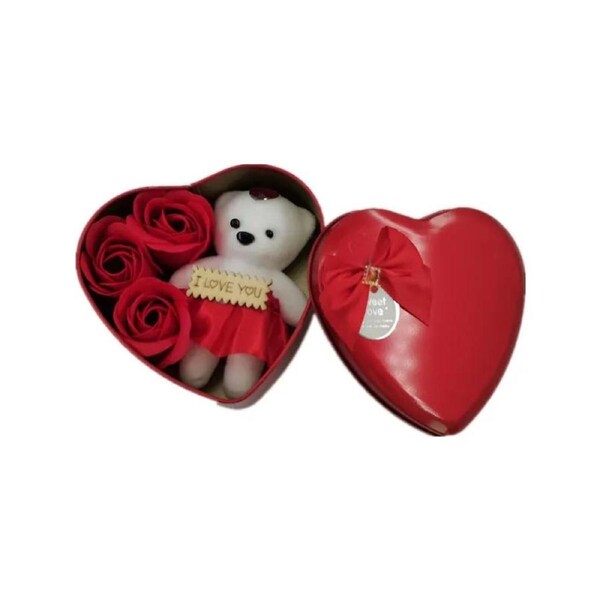 Red Rose Bear Soap Flower Gift Set - 3 Artificial Roses in Bear-Shaped Arrangement