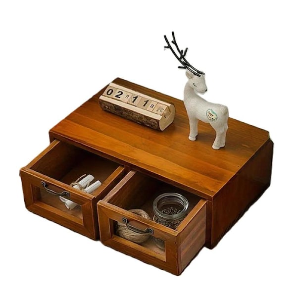 Vintage Wooden Desk Organizer with Glass Drawer - Double Drawer Size