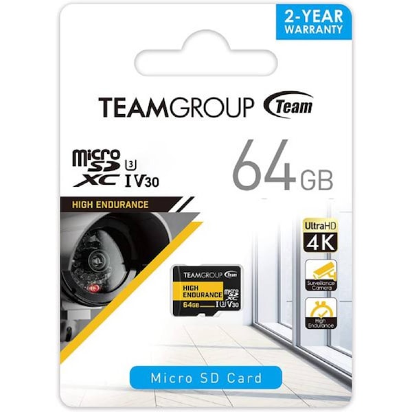 Team Group HIGH ENDURANCE 64GB Micro SDXC UHS-I U3 V30 4K 100MB/s (Designed for Monitoring) Stable Durable Long Lasting Flash Memory Card for Security
