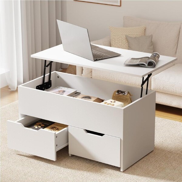 Oikiture Coffee Table Lift Up Top Hidden Storage Laptop Desk 2 Drawers White