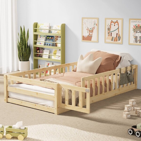 Oikiture Kids Bed Frame Single Floor Beds Timber Wood Gate Guard Fence Natural