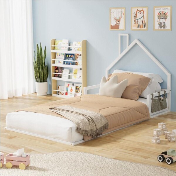 Oikiture Wooden Kids Bed Frame Floor Beds Chimney Platform King Single White