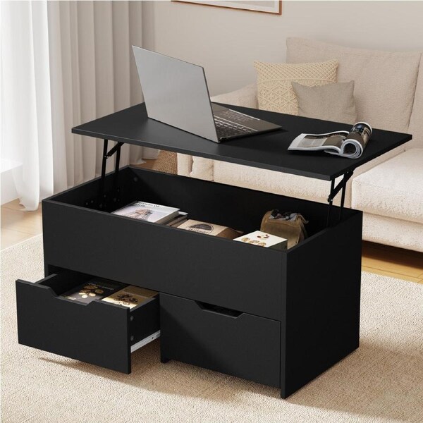Oikiture Coffee Table Lift Up Top Hidden Storage Laptop Desk 2 Drawers Black
