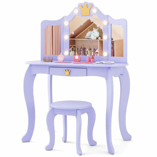 Giantex Princess Makeup Dressing Table & Stool Writing Table Vanity Set w/3 Folding Lighted Mirror