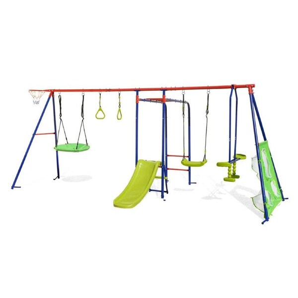 Costway 8in1 Outdoor Swing Set Playground Metal Swing Stand Glider Gym Ring Slide Playset Backyard Play Equipment 300KG Red