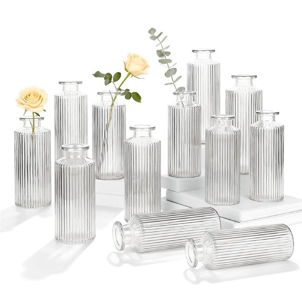 DelSol 12PCS Clear Glass Bud Vases for Flowers Clear Small Vases for Decor Mini Bottles in Bulk for Wedding Decorations Table Centerpieces Party Housewarming Gift