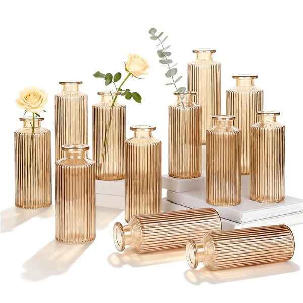 DelSol 12PCS Amber Glass Bud Vases for Flowers Clear Small Vases for Decor Mini Bottles in Bulk for Wedding Decorations Table Centerpieces Party Housewarming Gift