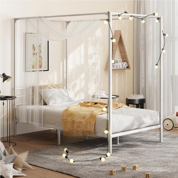 Oikiture Metal Canopy Bed Frame Queen Double Single Beds Platform White Single