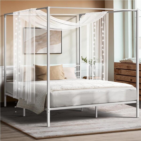 Oikiture Metal Canopy Bed Frame Queen Double Single Beds Platform White Double