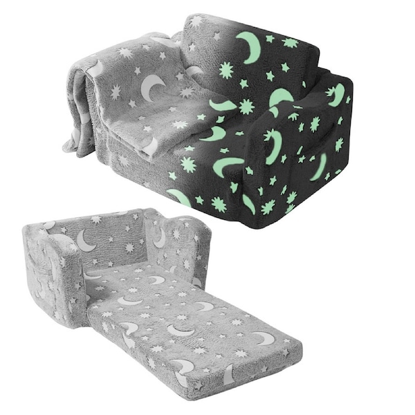 Fold-out Kids Sofa Glow in the Dark, 2-in-1 Convertible Toddler Couch to Lounger, Soft Sherpa Flip-out Kids Chair for Sitting and Sleeping, Safe Foam Sofa for Bedroom and Playroom