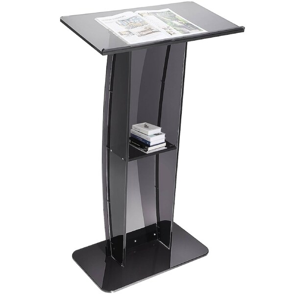 Acrylic Podium, 47" Tall Acrylic Podium Stand with Wide Reading Surface & Storage Shelf, Floor-Standing Clear Pulpit for Church, Office, and School, Black