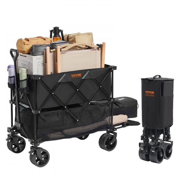 Foldable Double Decker Wagon Cart 400L, Heavy Duty Collapsible Wagon with All-Terrain Wheels, 350-450 lbs Capacity, Extra Long 52" Folding Utility Cart for Camping, Beach, Garden & Shopping