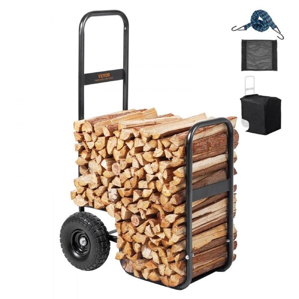 Firewood Log Cart, 250 lbs Capacity, Outdoor and Indoor Wood Rack Storage Mover with PU Wheels and Waterproof Cloth, Heavy Duty Steel Dolly Hauler, Firewood Carrier for Fireplace, Fire Pit, Black