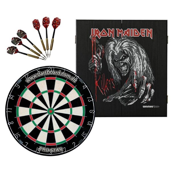 PRO STAR Bristle Dart Board + Iron Maiden Killers Cabinet + Darts Set