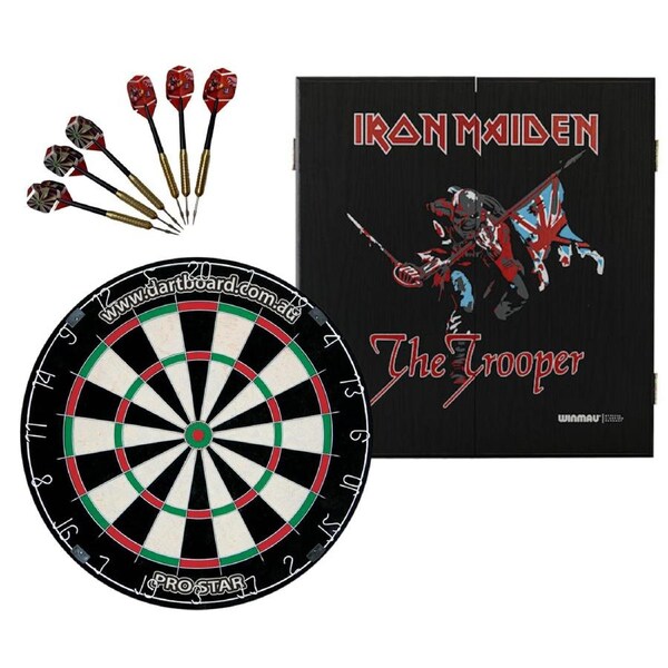 PRO STAR Bristle Dart Board + Iron Maiden Trooper Cabinet + Darts Set
