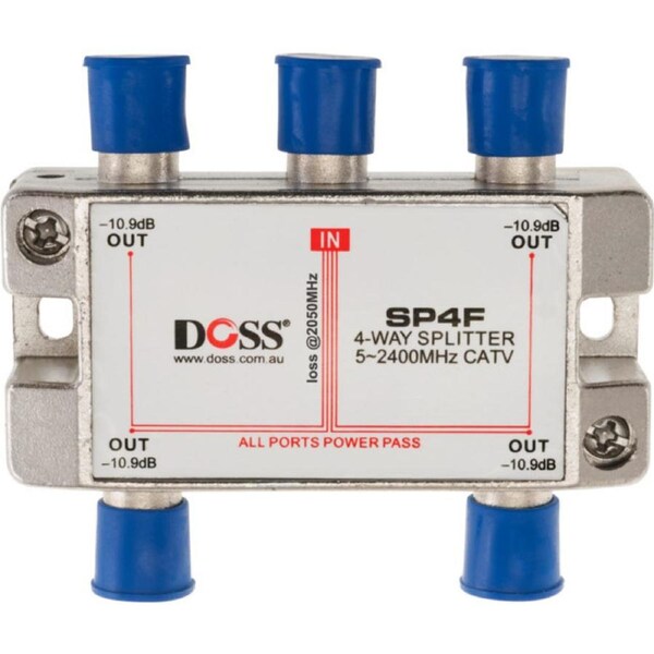 DOSS 4 Way 'F' Splitter Or Combiner Dc Pass Through 2.4Ghz Doss