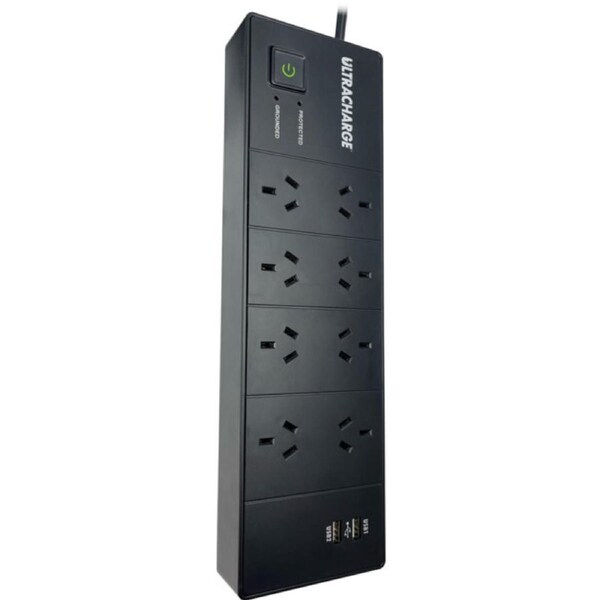 ULTRACHARGE Black 8 Way Surge Protected Board With 2X Usb Ports