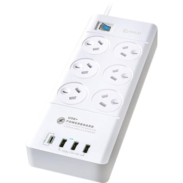 SANSAI 6 Way Powerboard With Usb-C Surge Protection