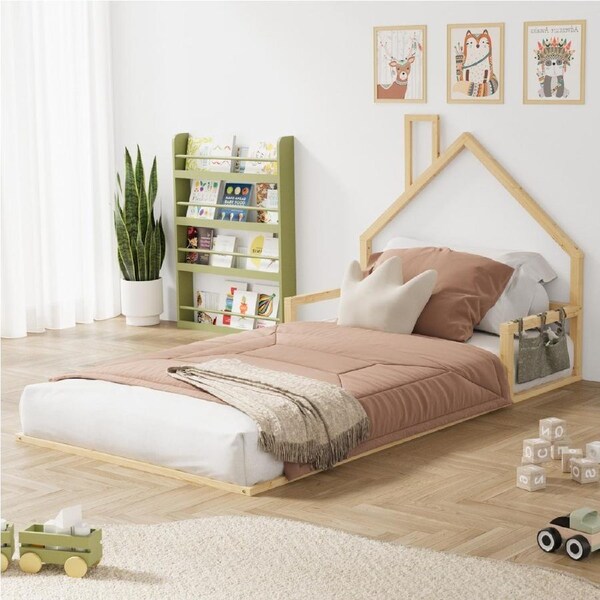 Oikiture Wooden Kids Bed Frame Floor Beds Chimney Platform King Single Natural