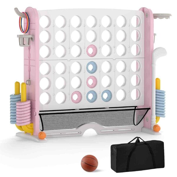 Babyjoy Giant Connect 4 In A Row Jumbo w/Basketball Hoop 4-To-Score Board Game Set Pink