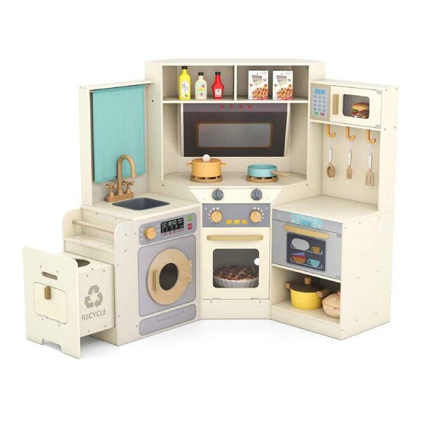 Costway Corner Kitchen Playset Pretend Play Kitchen Wooden Kitchen Toy Set w/Pull-out Trash Can Microwave Oven Washer