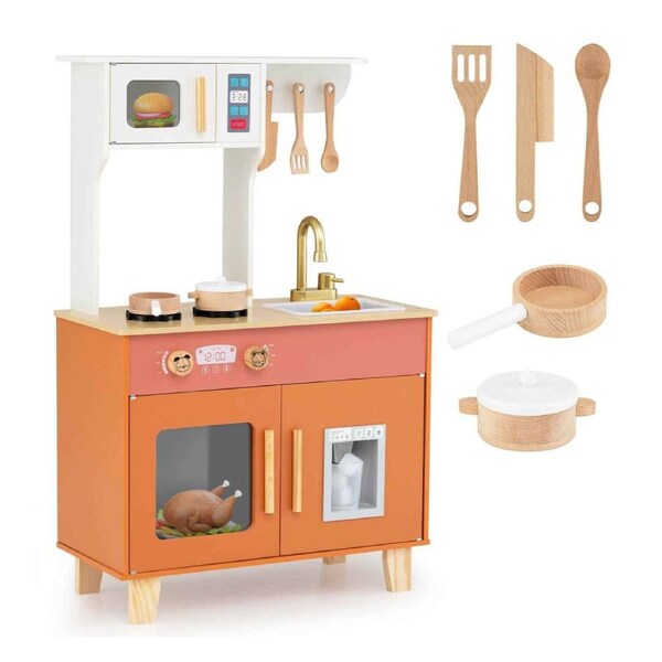 Costway Kitchen Playset Wooden Chef Pretend Play Kitchen Toy Gift w/Microwave Stoves Ice Dispenser Orange