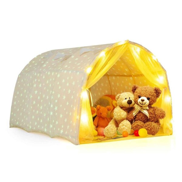 Costway Glow in the Dark Play Tent Bed Tent Castle Playhouse Room House Cottage w/Lights Net Curtains Indoor Gift Beige