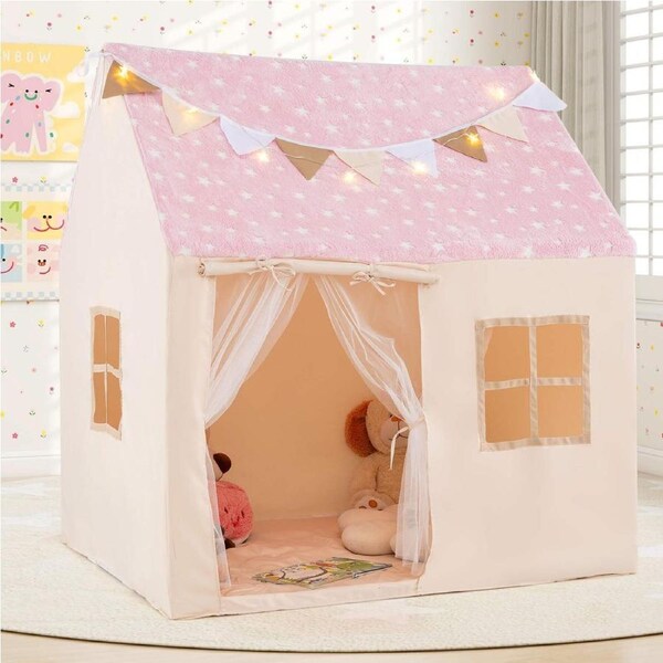 Costway Play Tent Glow in the Dark Castle Playhouse Room House Cottage w/Star Lights Washable Mat Indoor Bed Tent Pink
