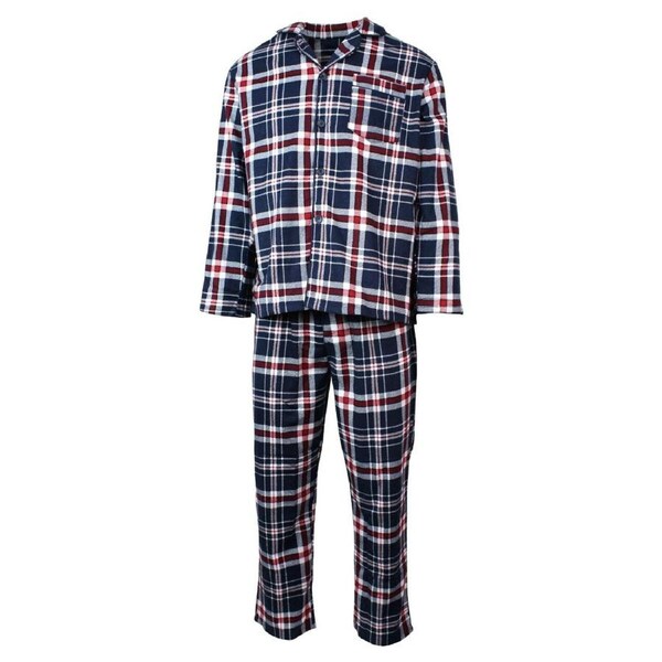 Mens Flannelette Pyjama Set Sleepwear Soft 100% Cotton PJs Two Piece - Navy/Red Check S