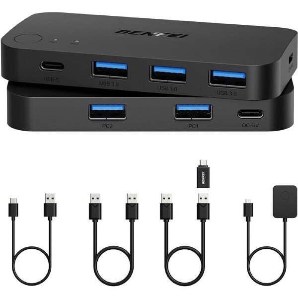 BENFEI 000376BK USB 3.0 Switch, USB Switcher 2 Computers Share 3*USB 3.0 and 1*USB C with Remote