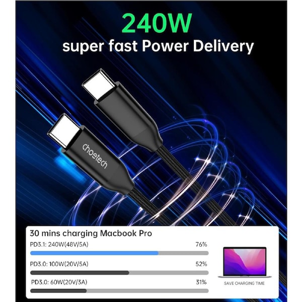 Choetech XCC-1035 USB-C M to M PD3.1 240W Super Fast Charging cable - 1m black