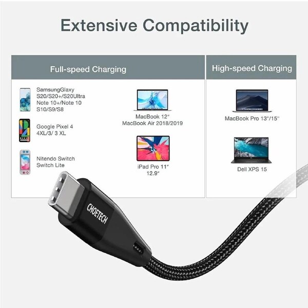 Choetech XCC-1004 USB-C to USB-C Cable 60W 20V 3A Braided Fast Charging Cable 2M