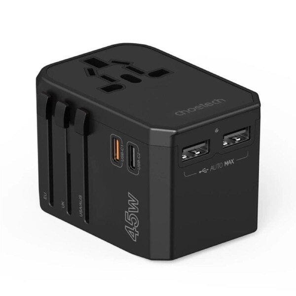 Choetech PD6045 GaN Tech 2C+2A 45W Travel Adapter with US EU UK AU Plugs - Black