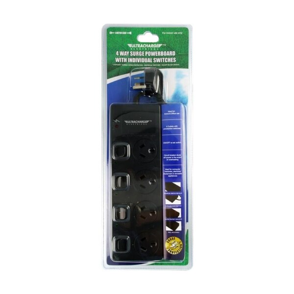 Ultracharge Power Board 4 Switch Surge Protector Strip Indoor Black