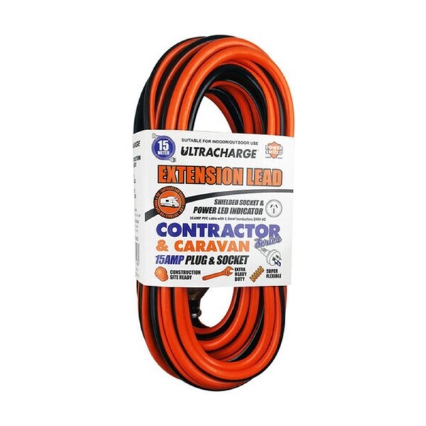 Ultracharge 15M 15A Extension Lead Contractor Heavy Duty Black Orange