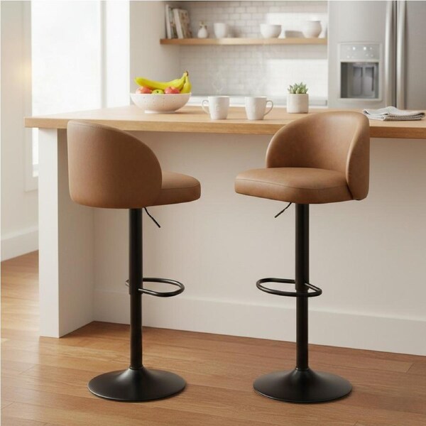 1 Set of 2 Levede Bar Stools Gas Lift PU Leather Swivel - Brown