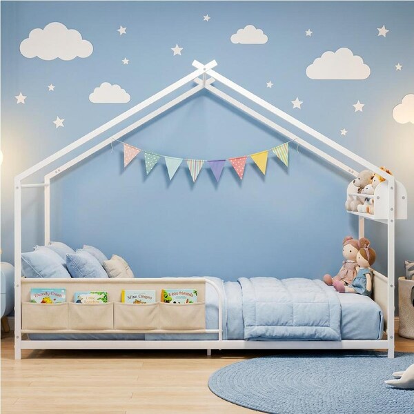 Advwin Kids Bed Frame with 4 Storage Pockets and Guard Rail Toddler Floor Bed with Roof and Storage Rack White