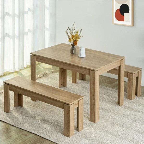 ACA 120cm Dining Table with 2 Dining Benches - 3 Pieces Dining Table Set - Oak