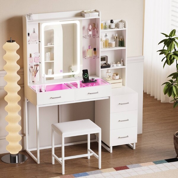Advwin Dressing Table Set with Mirror and RGB Lights 5 Drawers & Open Shelves Glass Desktop Charging Station