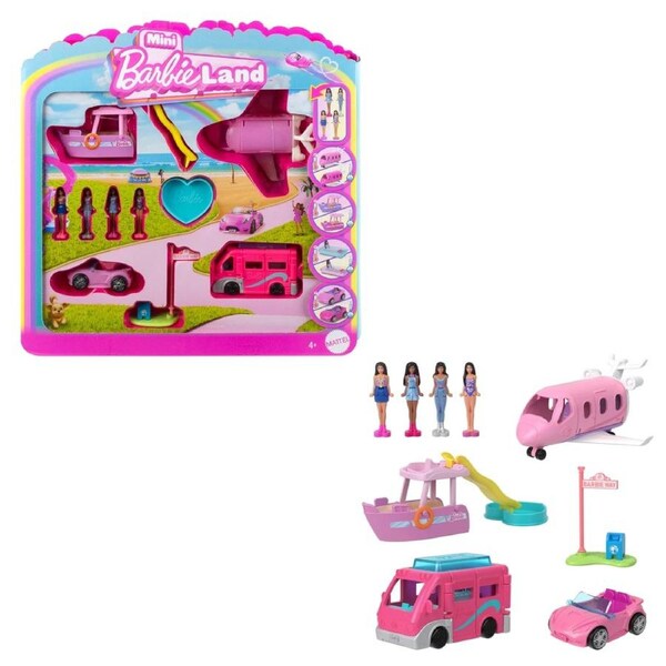Barbie Mini BarbieLand 4 Pack Dolls Vehicles Set Color Change Toy Play Age 4PLUS