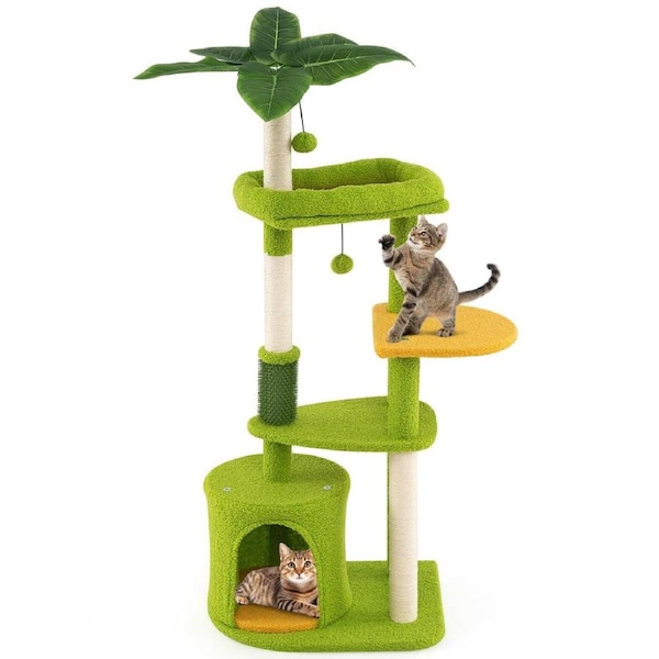 Costway 122CM Palm Cat Tree Teddy Fabric Cat Tower Pet Perch Condo House Sisal Scratching Posts w/Dangling Ball