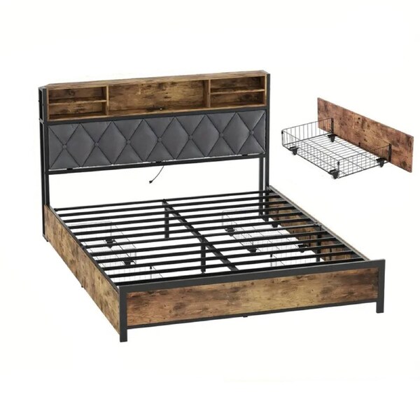 Queen Size Bed Frame With Drawers, Shelf, Headboard & Charging Station(Brown)