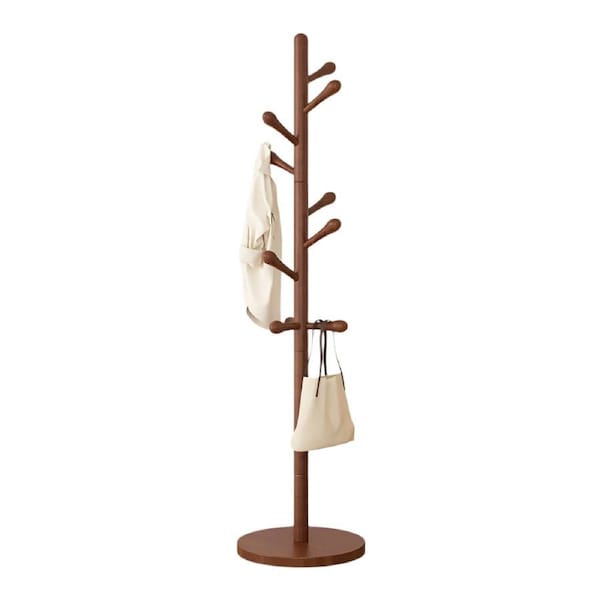 Solid Walnut Wood Floor Coat Rack - 10 Hooks