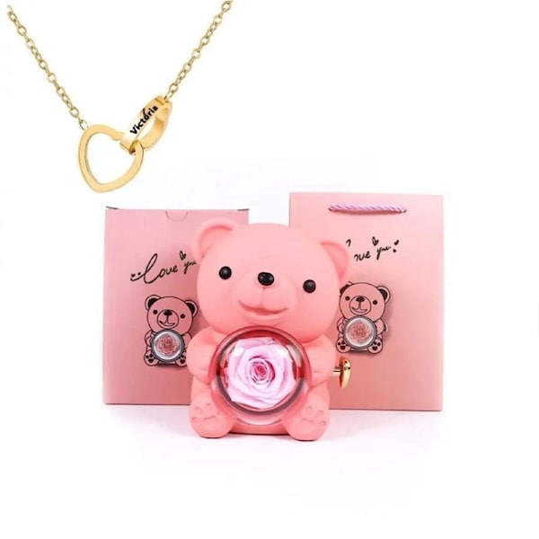 Eternal Rose Teddy Bear Gift Box With Necklace (Pink Gold)