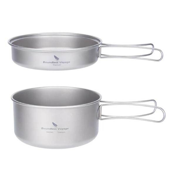 Titanium Camping Cookware Set Pan with Folding Handles Silver